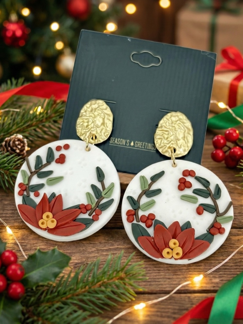 Christmas Red Floral Dangle Drop Earrings